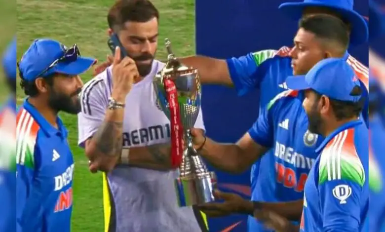 Virat Kohli on Phone Call during India's Trophy Celebration, Viral Video Breaks Internet